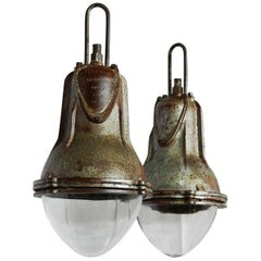 Pair Industrial Pendant Lights French Glass Iron +chains Midcentury Marked Paris