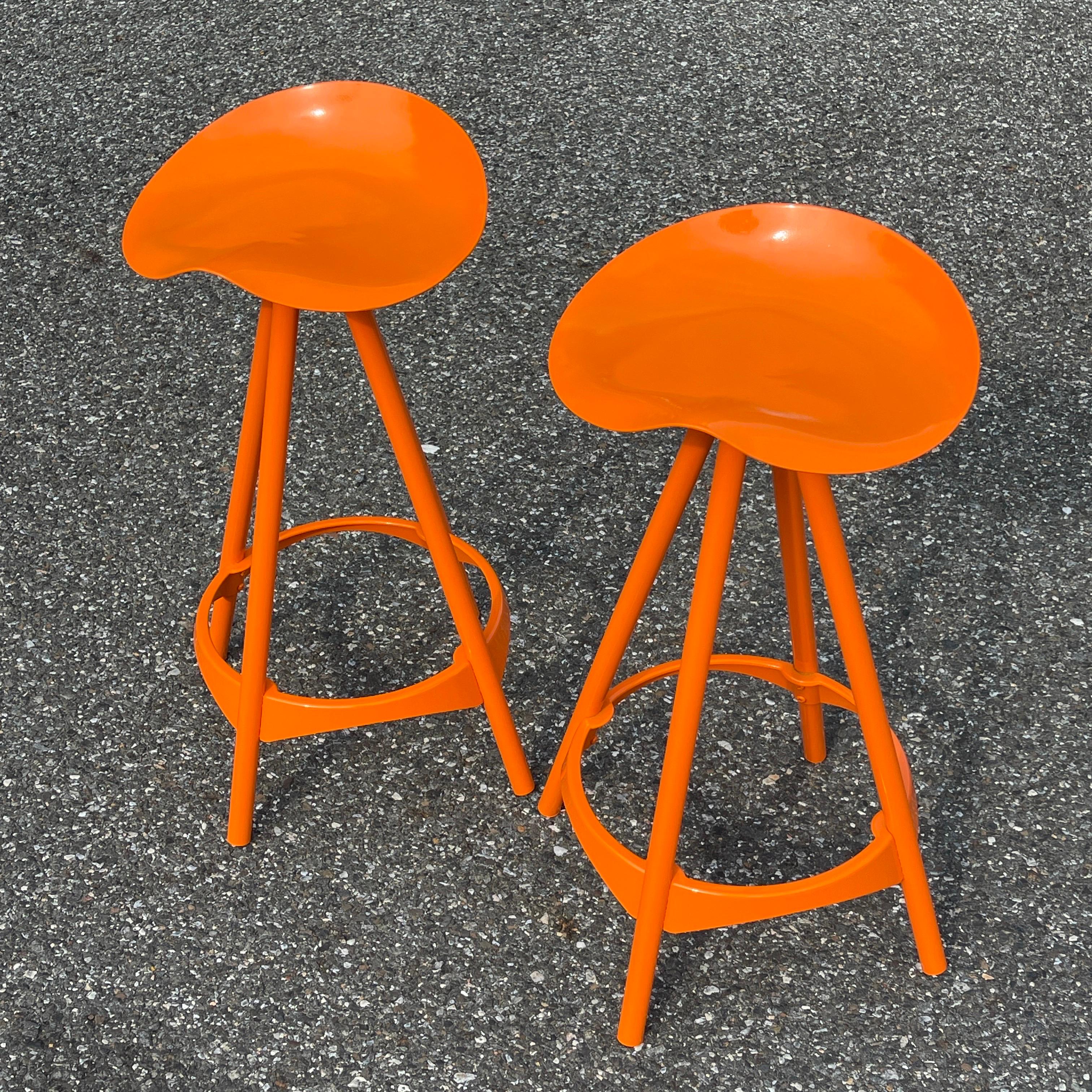 Pair Industrial Style Swivel Bar Stools, Powder-Coated Orange For Sale 2