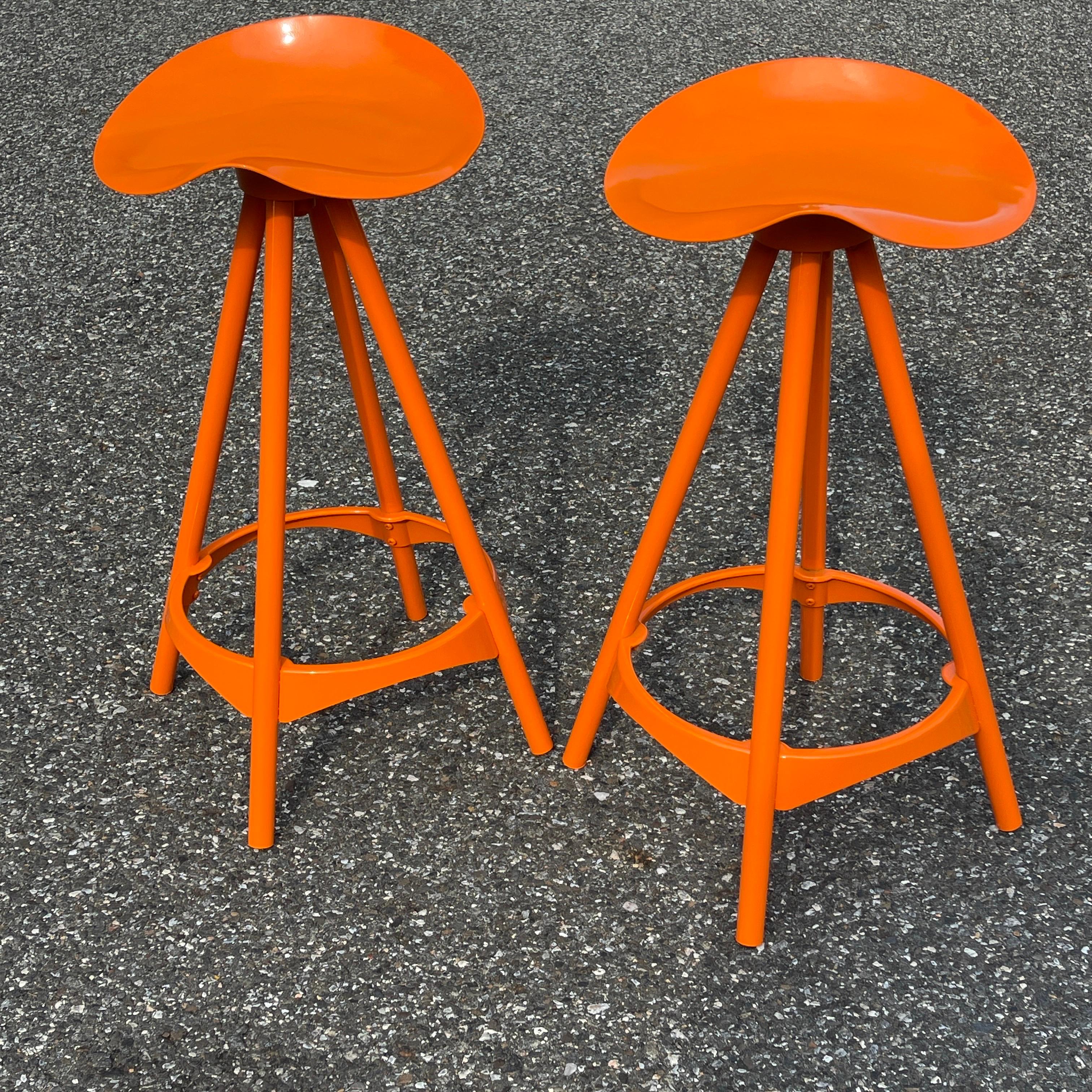 Pair Industrial Style Swivel Bar Stools, Powder-Coated Orange For Sale 3