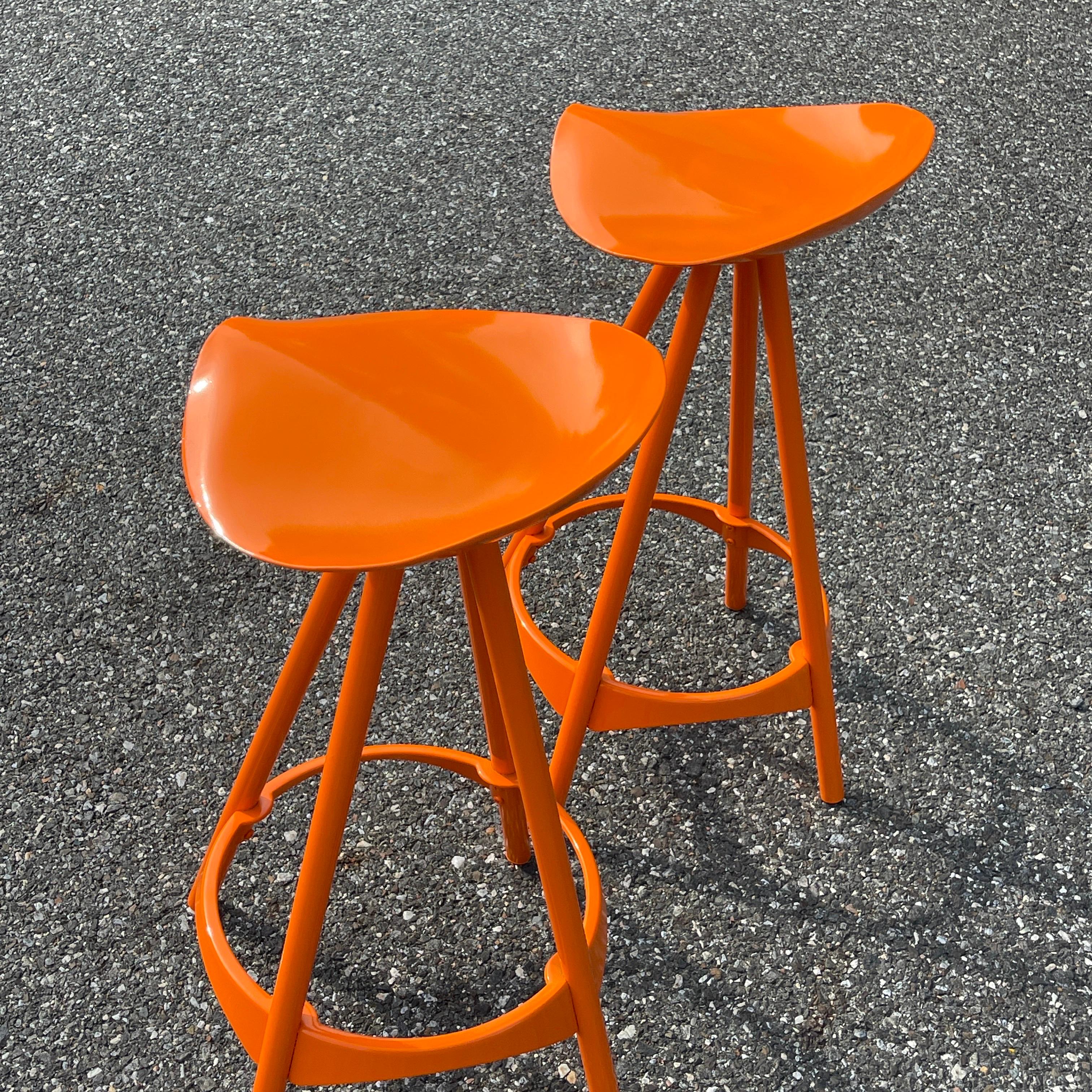 Pair Industrial Style Swivel Bar Stools, Powder-Coated Orange For Sale 4