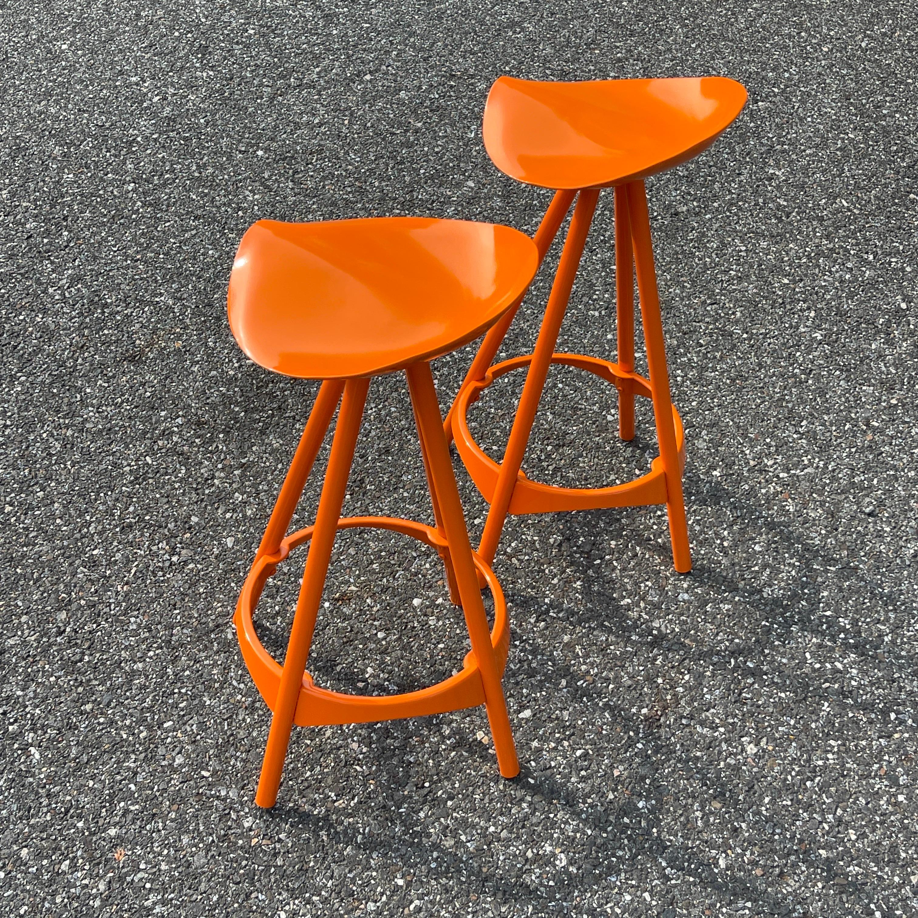 Pair Industrial Style Swivel Bar Stools, Powder-Coated Orange For Sale 5