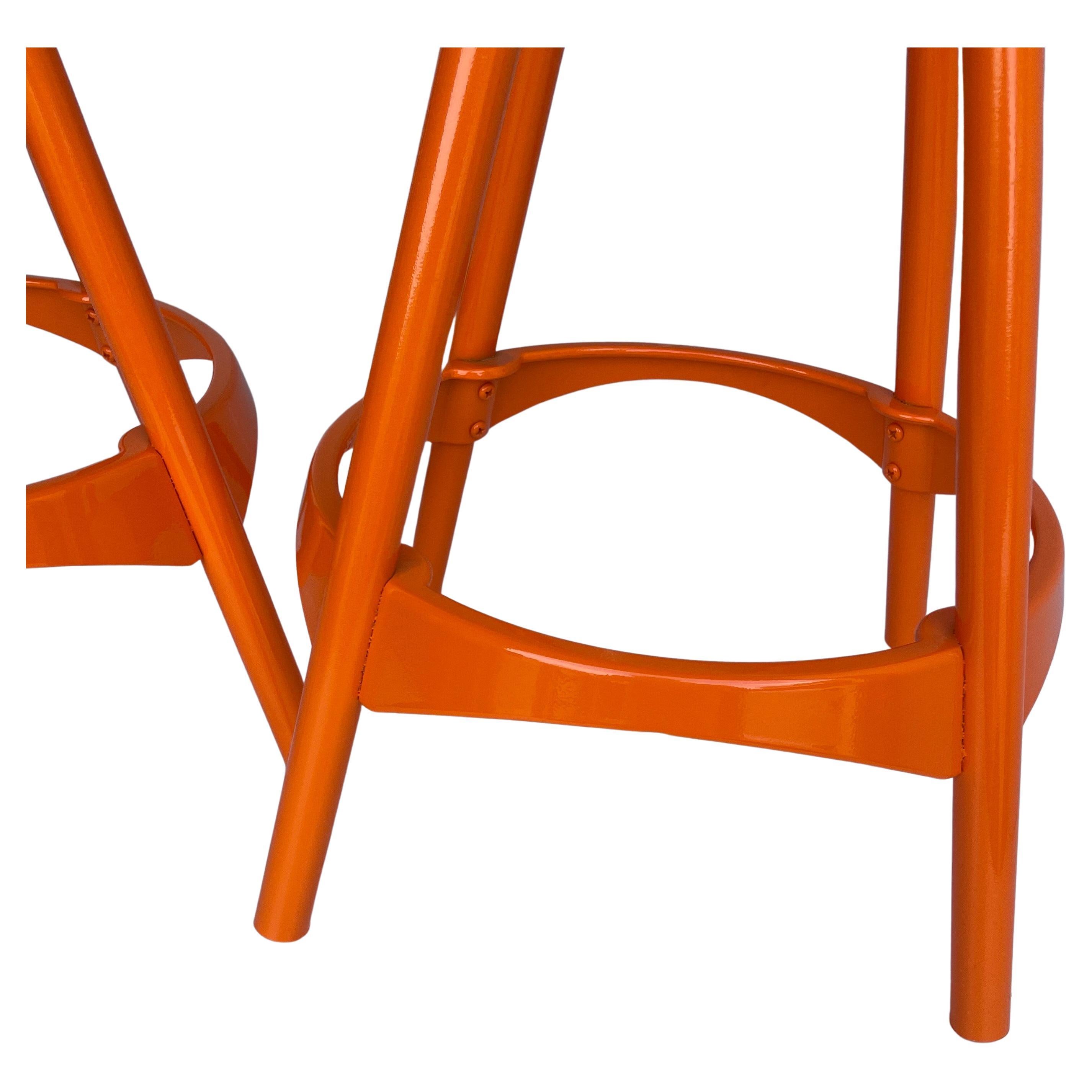 Pair Industrial Style Swivel Bar Stools, Powder-Coated Orange For Sale 6