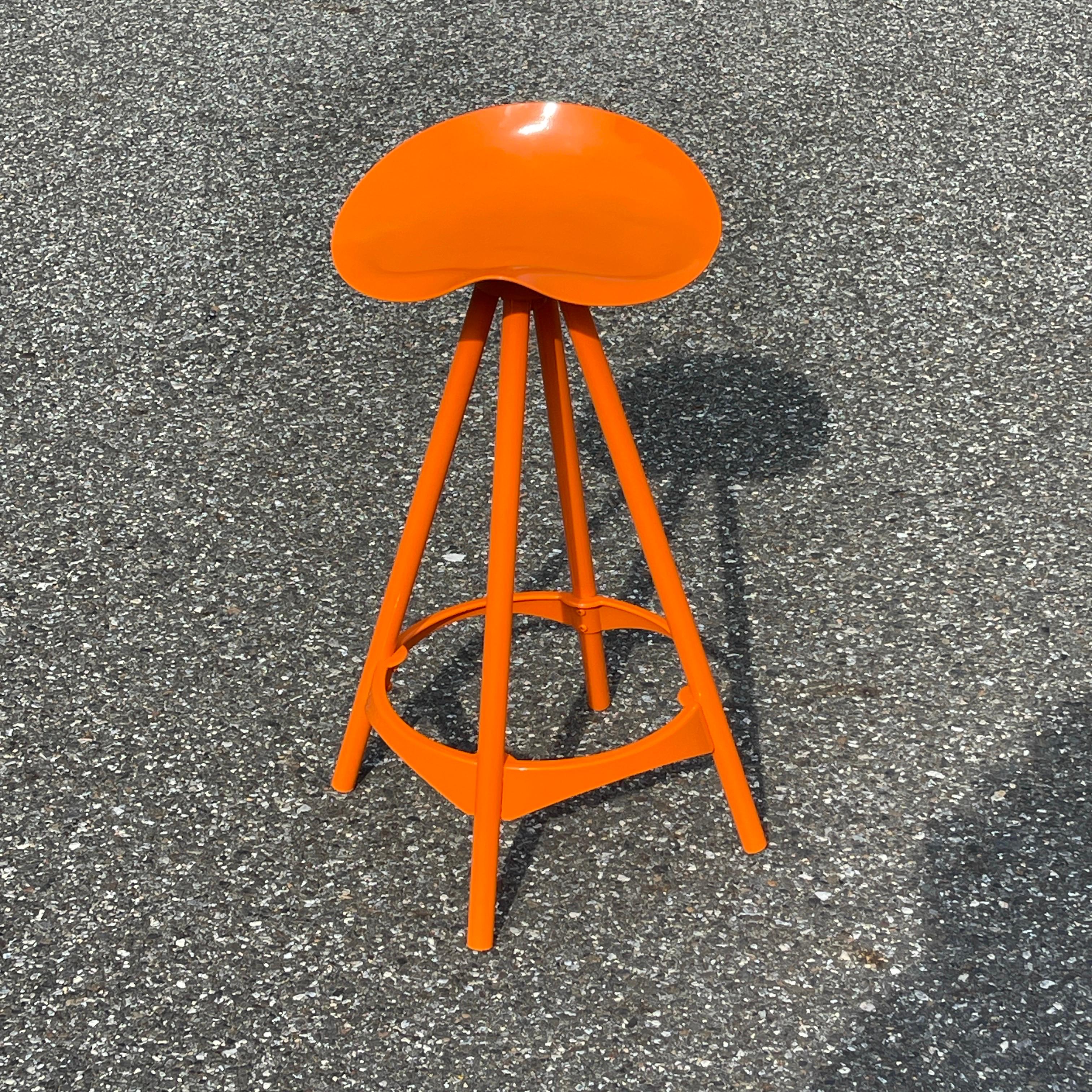 Pair Industrial Style Swivel Bar Stools, Powder-Coated Orange For Sale 7