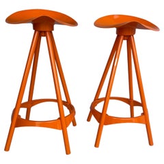 Pair Industrial Style Swivel Bar Stools, Powder-Coated Orange
