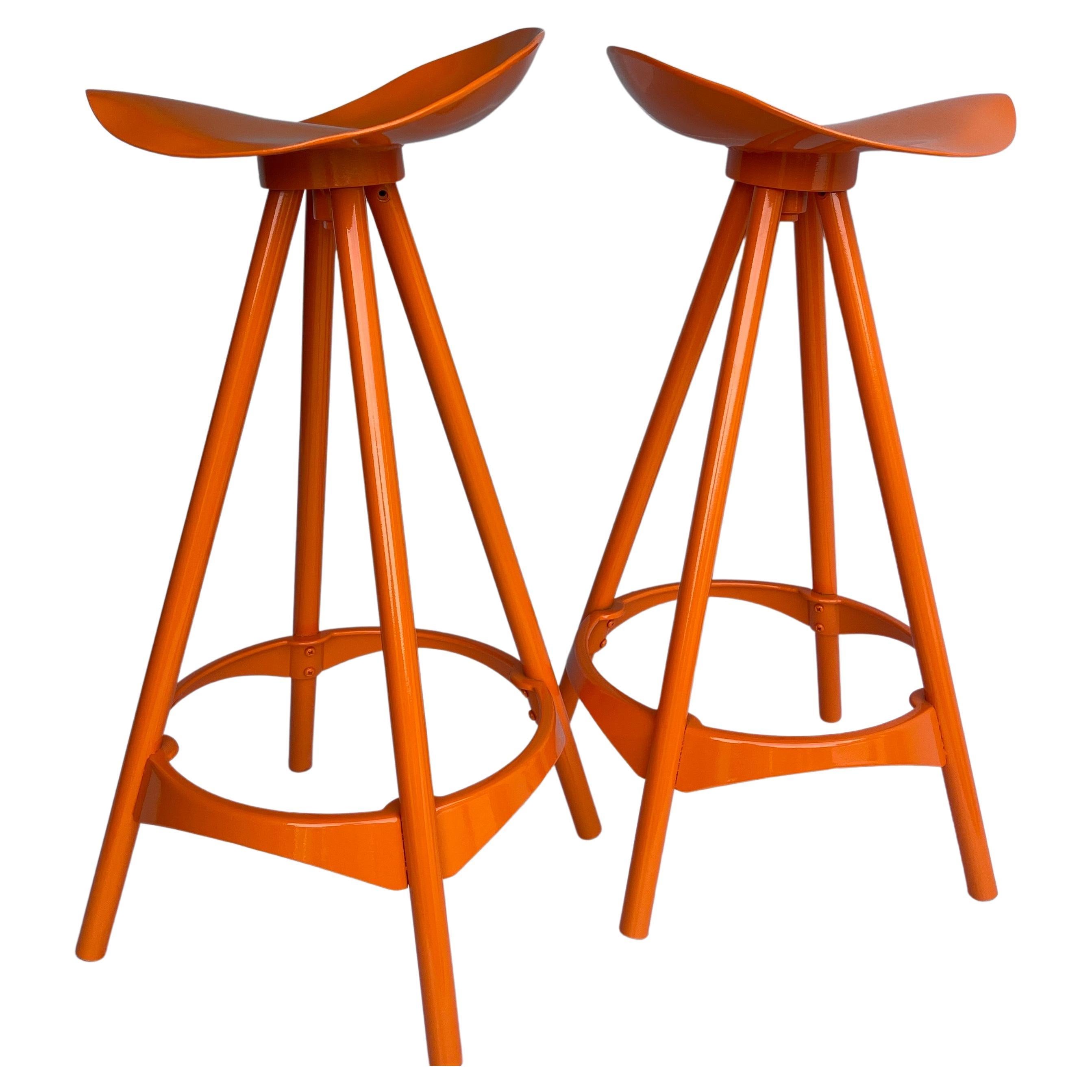 Pair Industrial Style Swivel Bar Stools, Powder-Coated Orange In Good Condition For Sale In Haddonfield, NJ