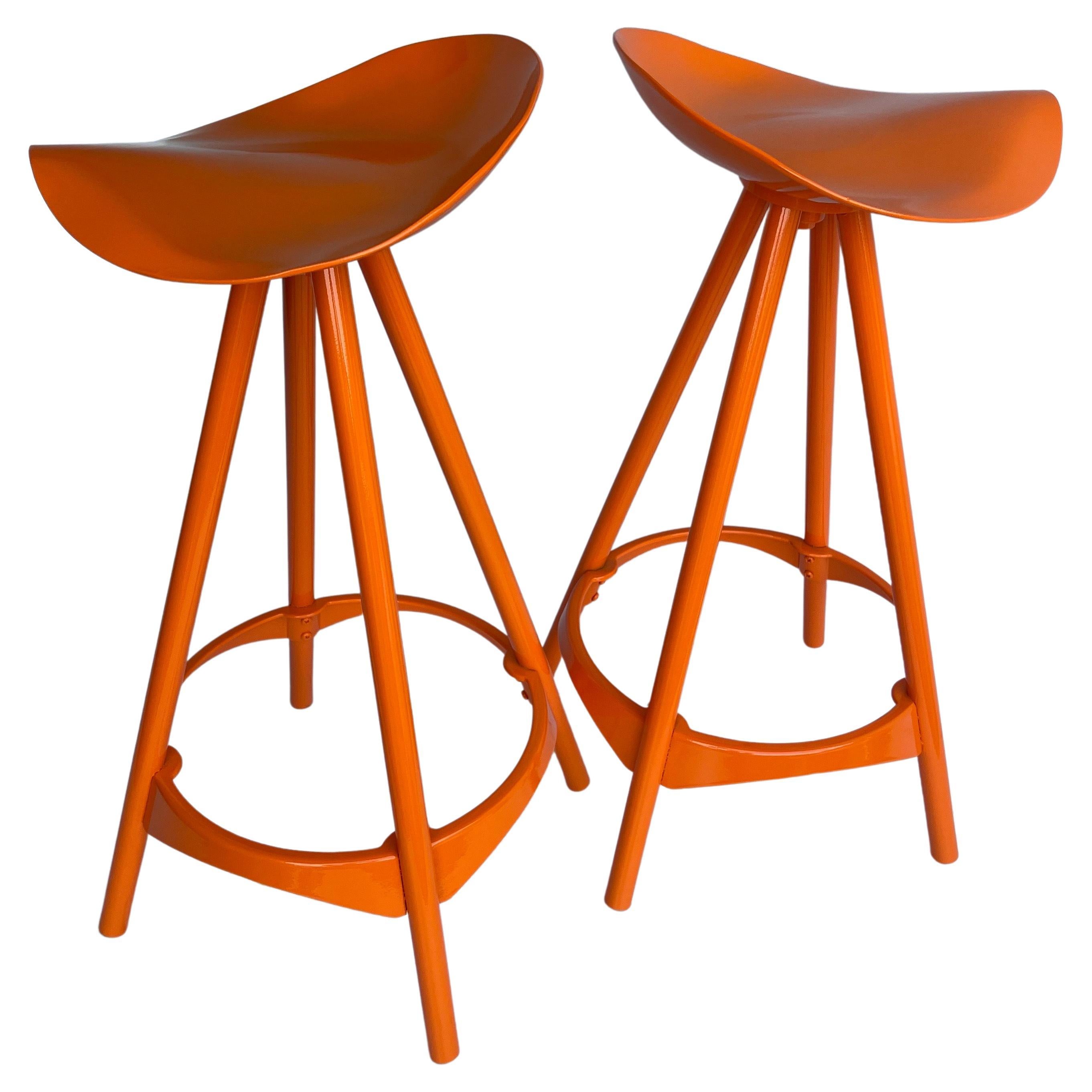 Late 20th Century Pair Industrial Style Swivel Bar Stools, Powder-Coated Orange For Sale