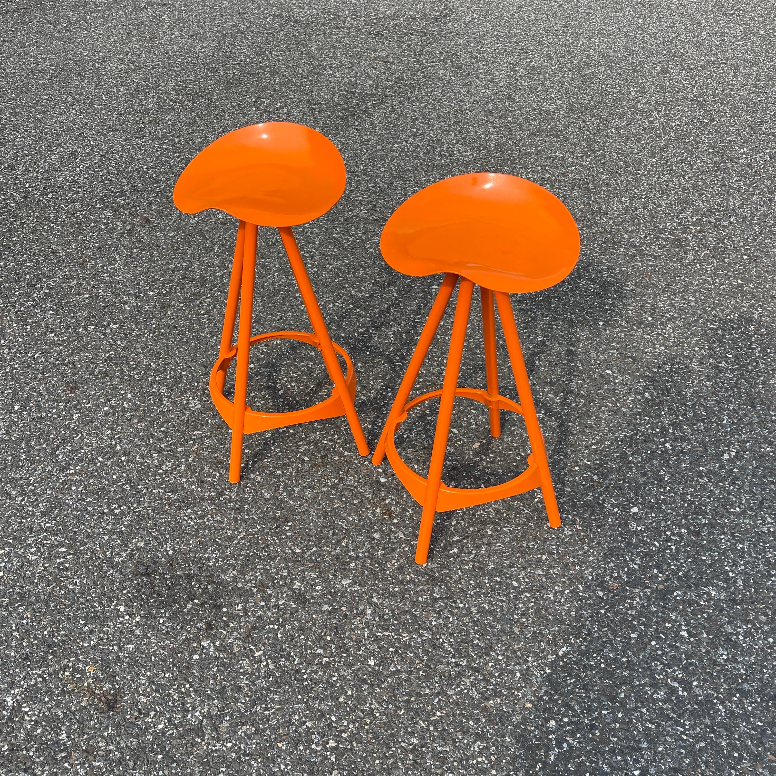 Pair Industrial Style Swivel Bar Stools, Powder-Coated Orange For Sale 1