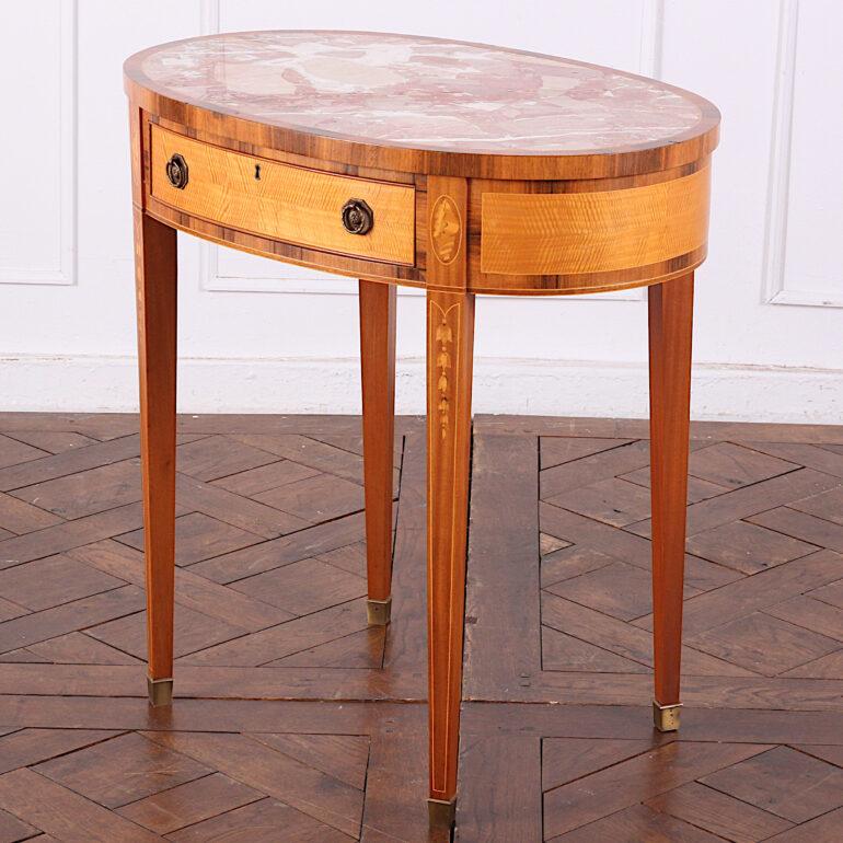 Pair of Inlaid Sheraton Style Oval Marble Top Side Tables End Tables Nightstands In Good Condition In Vancouver, British Columbia