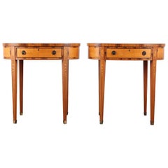 Pair of Inlaid Sheraton Style Oval Marble Top Side Tables End Tables Nightstands