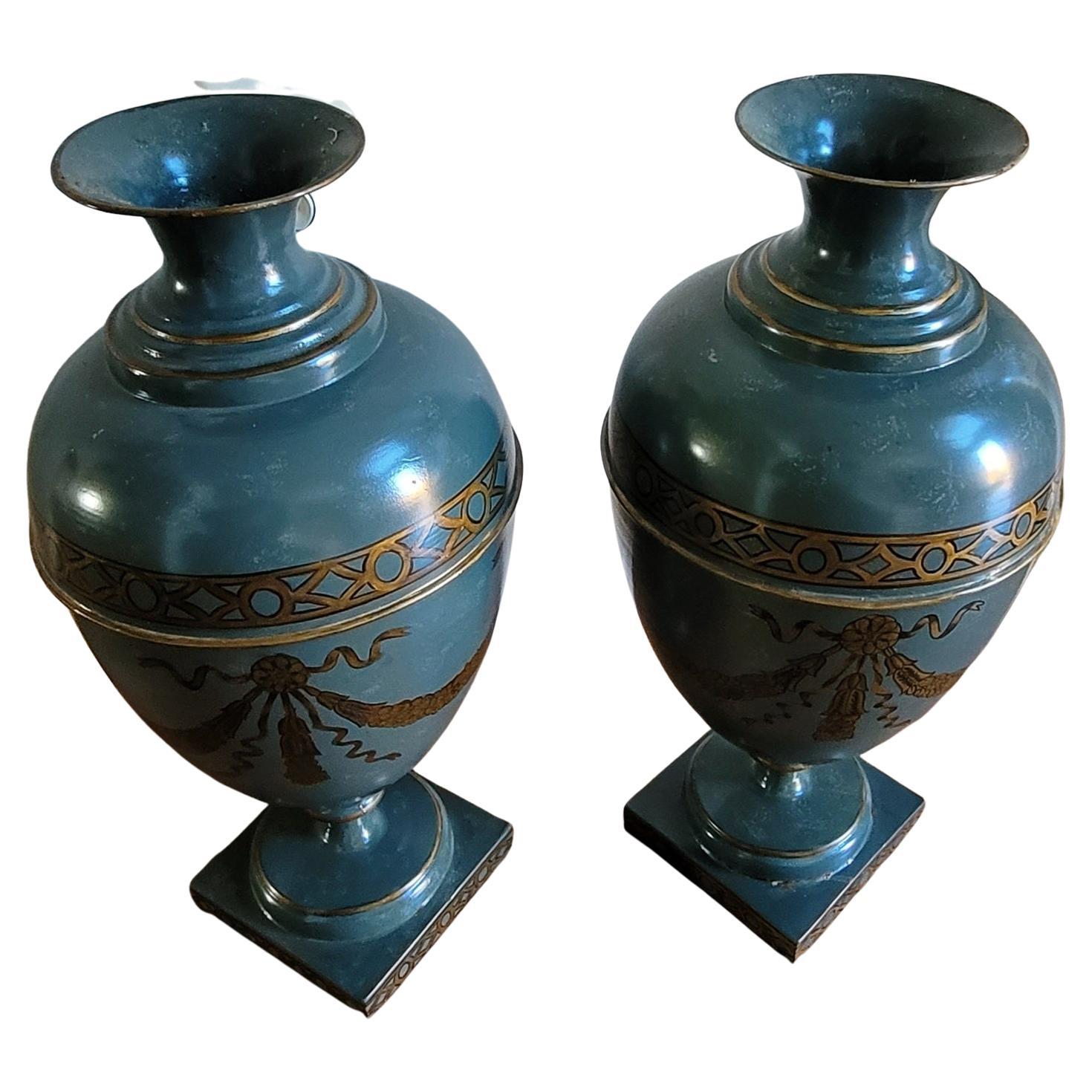 Pair Interior Concepts Hand-Painted Metal Vases In Good Condition For Sale In Germantown, MD