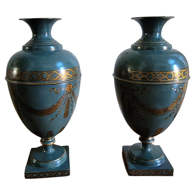 Pair Interior Concepts HandPainted Metal Vases For Sale at 1stDibs