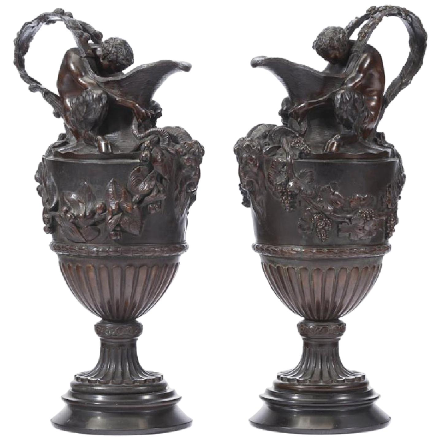 Pair iof French Patinated Bronze Urn Ewers, 19th Century