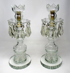 Pair of Irish Old Waterford Glass Cut Lead Crystal Candlesticks Lusters