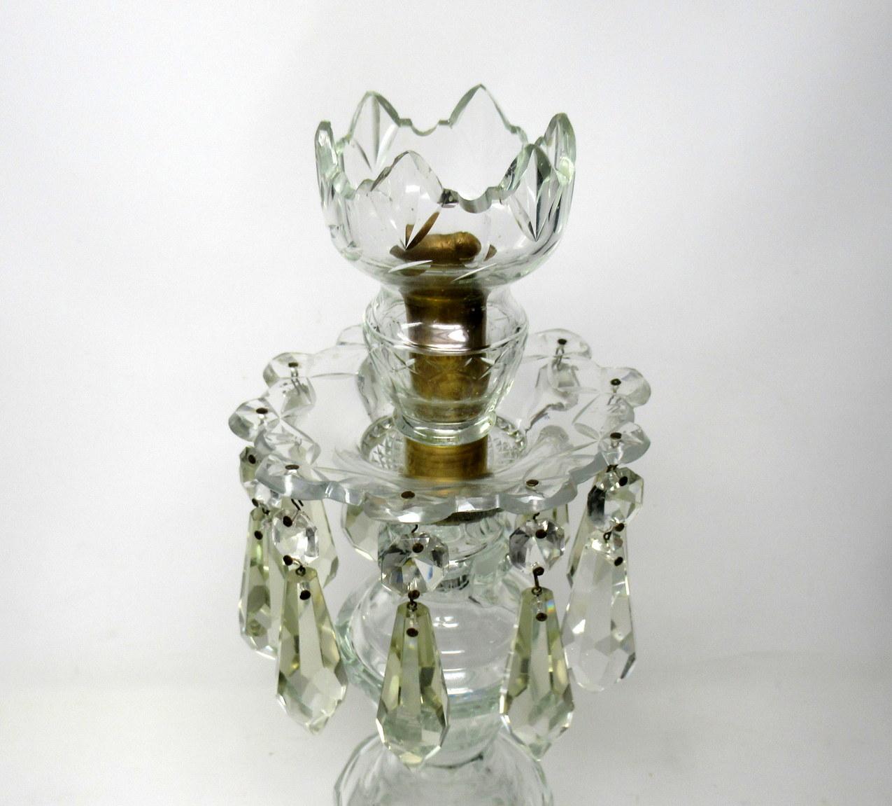 French Pair of Irish Old Waterford Glass Cut Lead Crystal Candlesticks Lusters