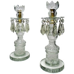 Pair of Irish Old Waterford Glass Cut Lead Crystal Candlesticks Lusters