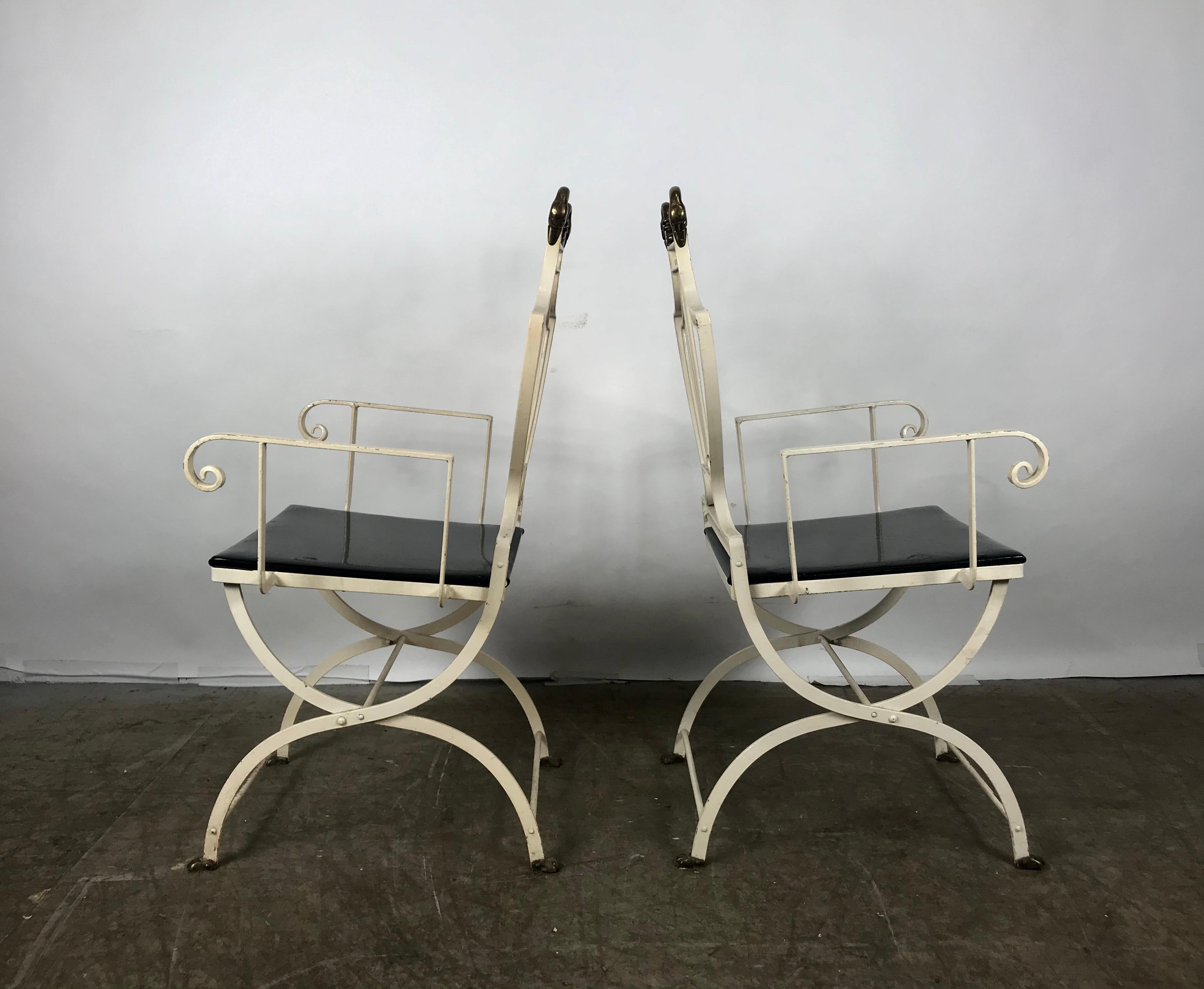 Pair of Iron and Brass Italian Lyre Back Armchairs with Swans, Grosfeld House In Good Condition For Sale In Buffalo, NY