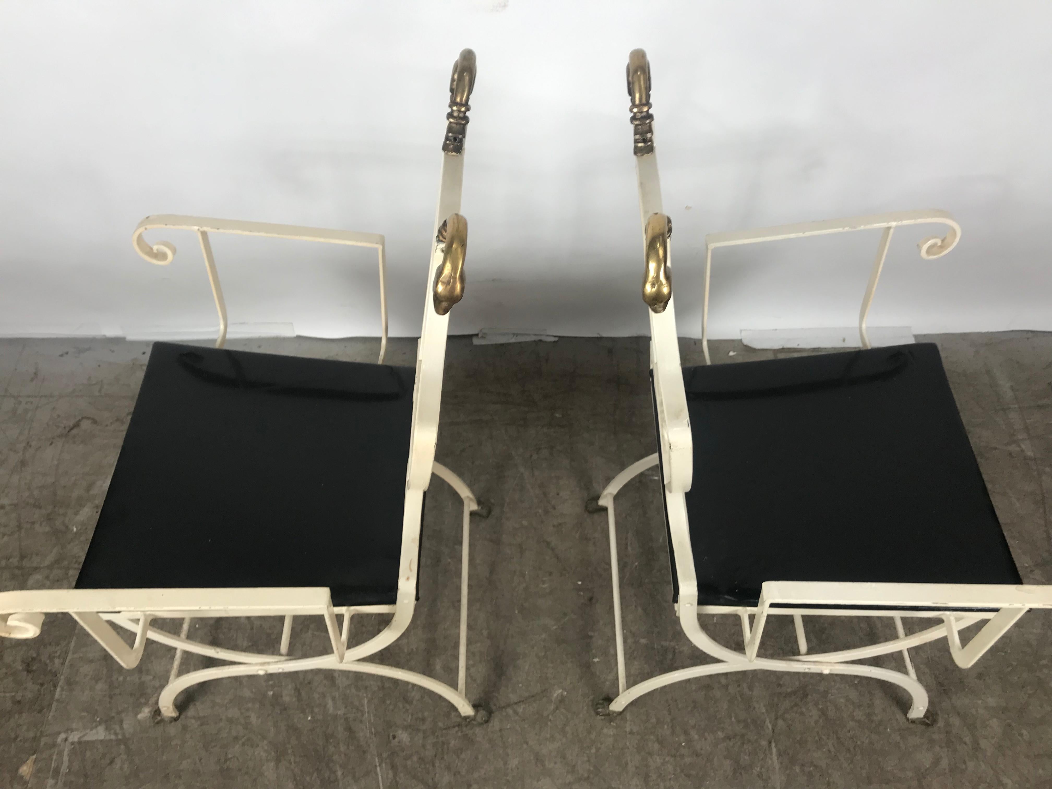 Mid-20th Century Pair of Iron and Brass Italian Lyre Back Armchairs with Swans, Grosfeld House For Sale