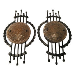 Pair of Iron and Glass Large Sculptural Brutalist Style Sconces