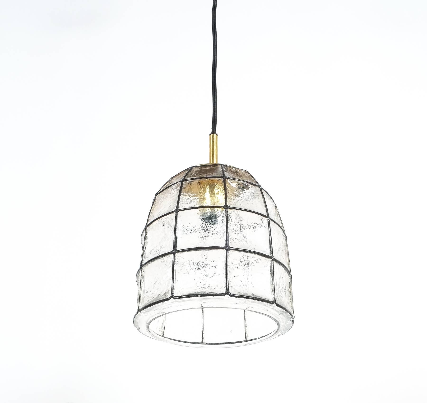 German Pair of Iron and Glass Pendant Lamp with Polished Brass by Limburg, 1960
