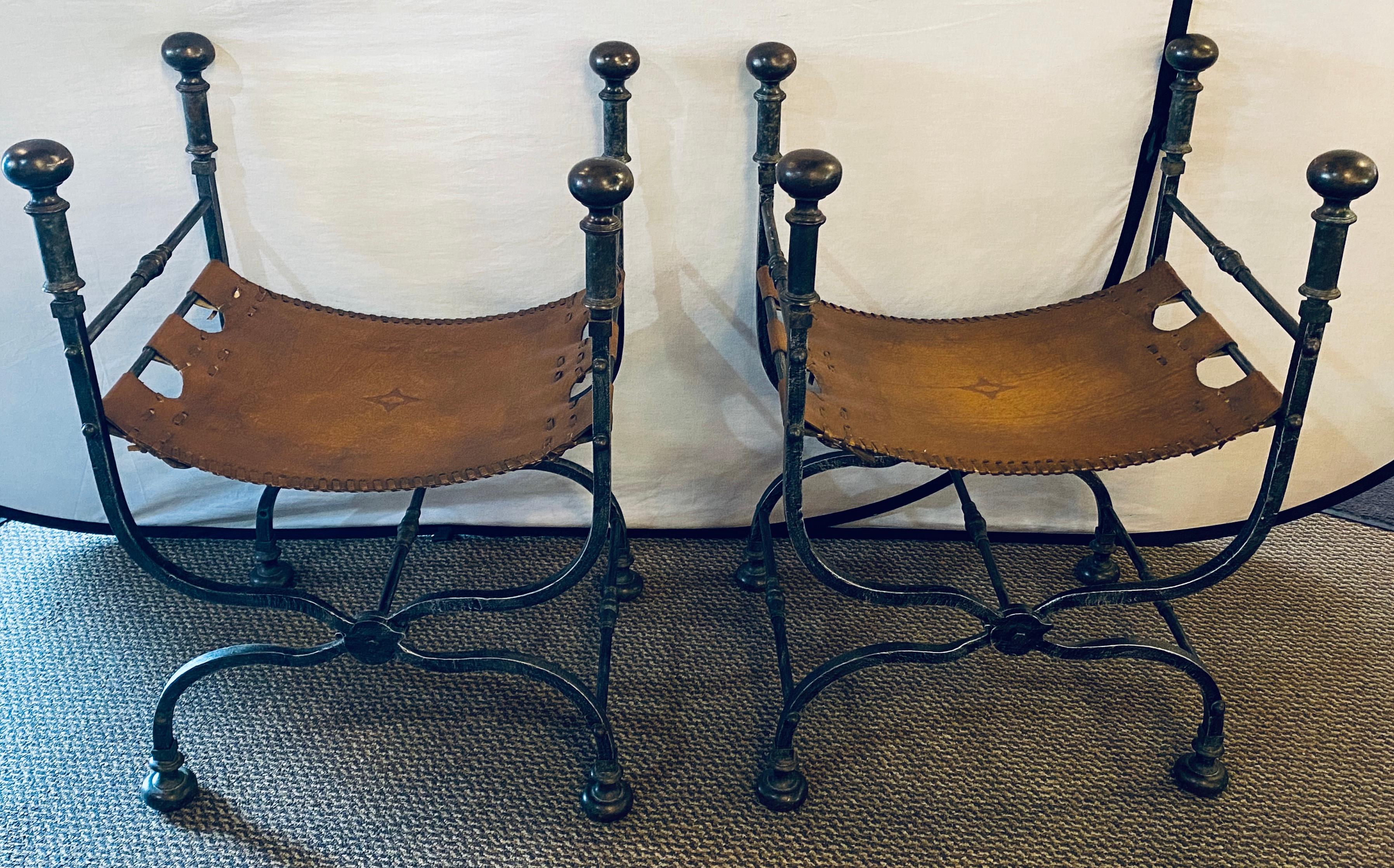 Baroque Pair of Iron and Leather Savonarola Chairs / Benches Folding