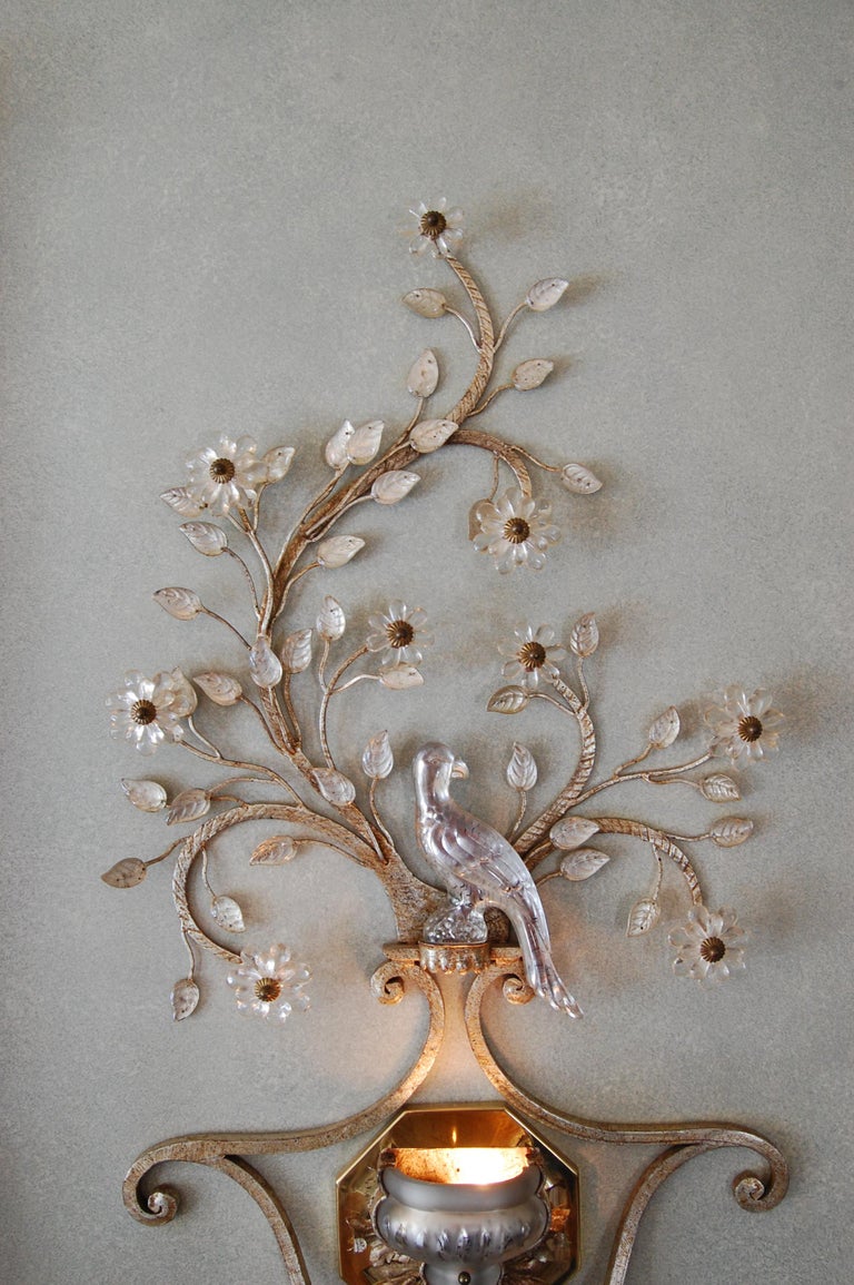 Pair Iron and Crystal Silver Leaf Wall Sconces by Banci Firenze, Italy