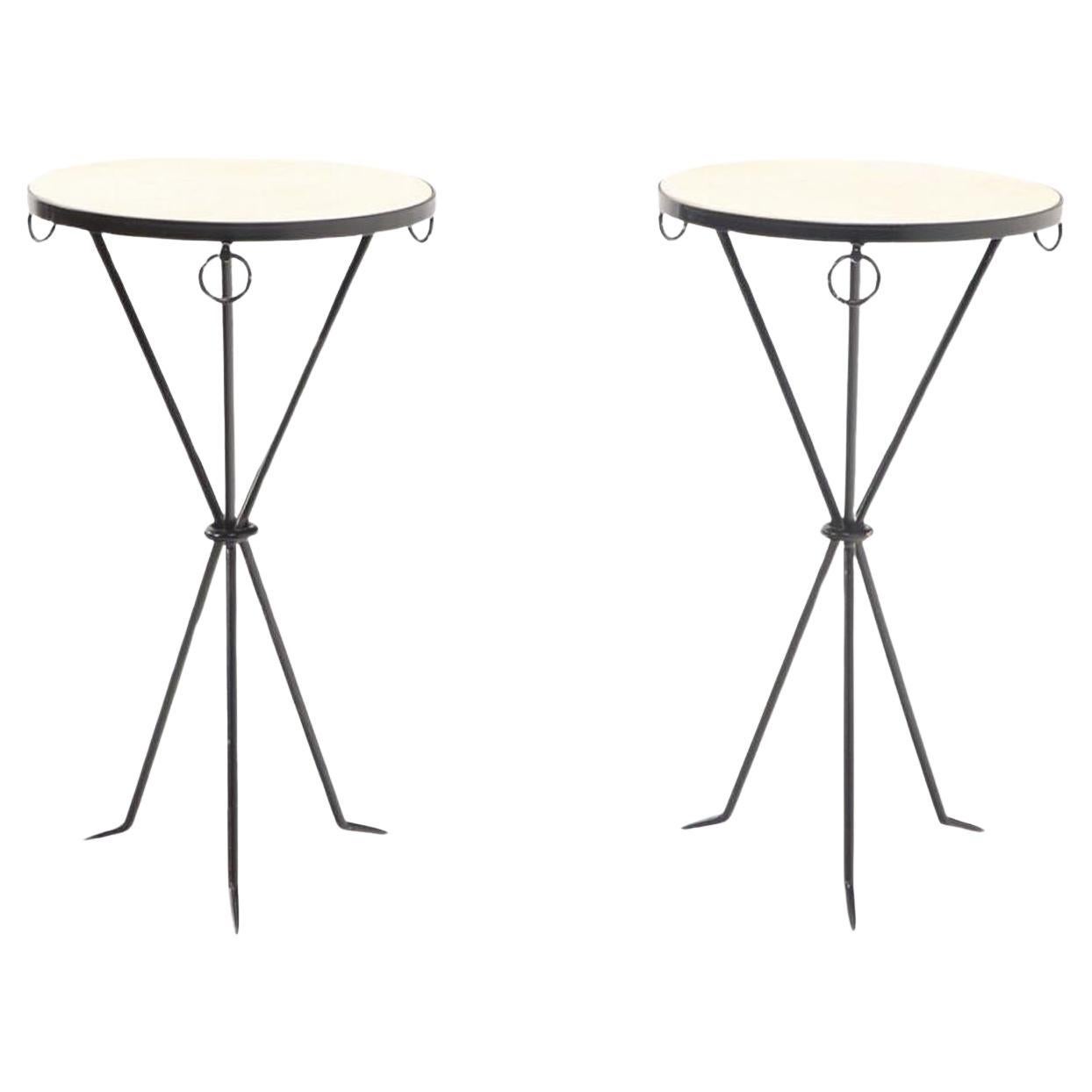 A Pair of Iron Drinks Tables With Parchment Covered Tops.