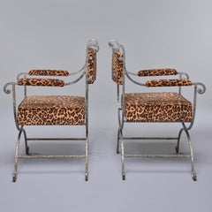 Pair Iron Savonarola Chairs with Leopard Print Upholstery