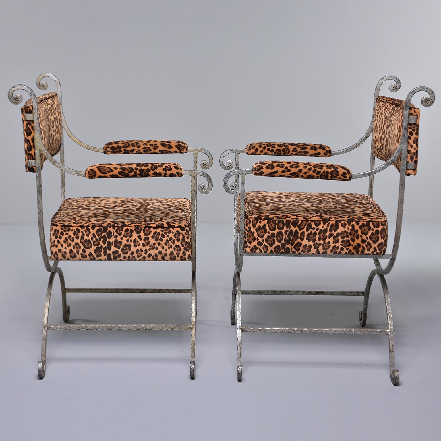 Italian Pair Iron Savonarola Chairs with Leopard Print Upholstery