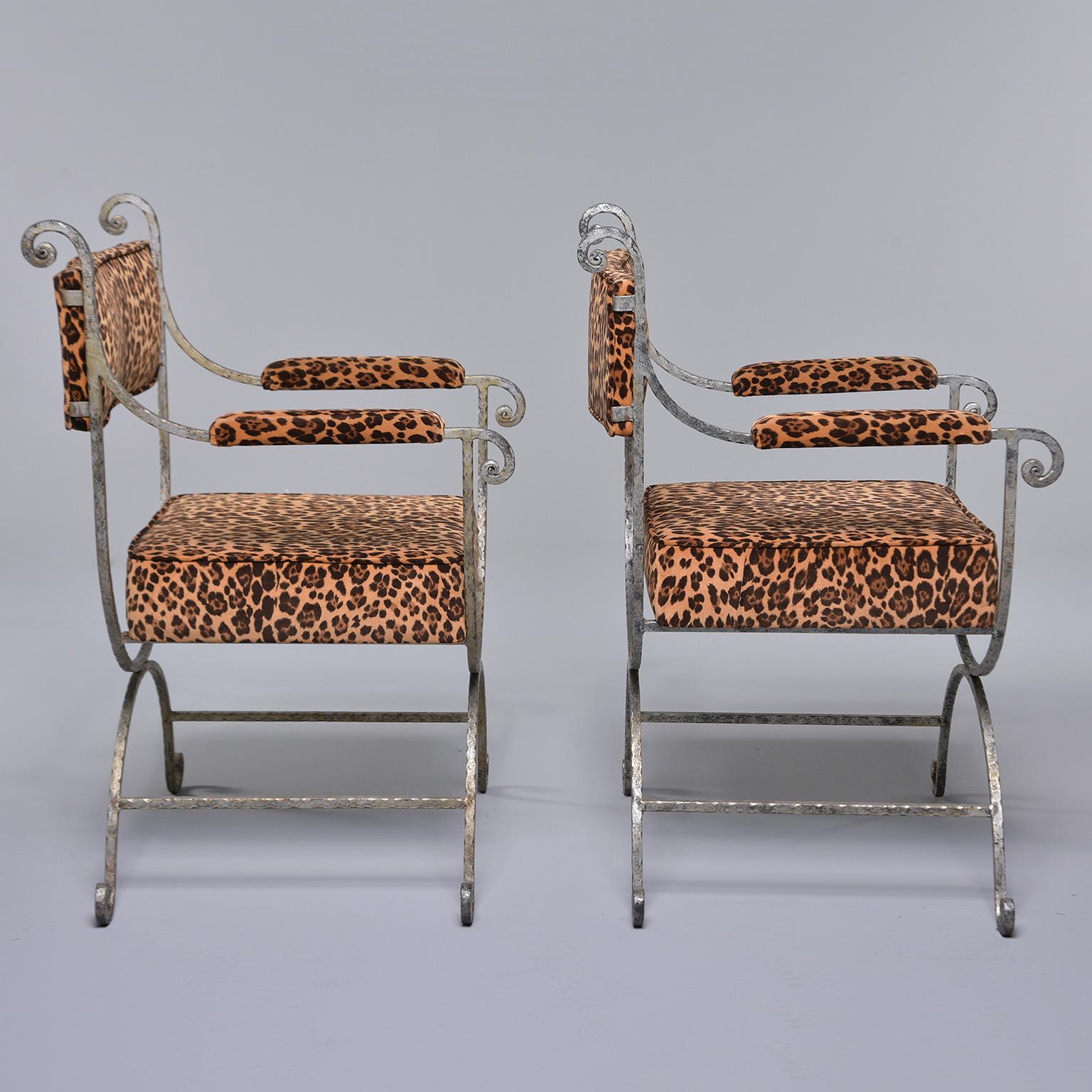 Pair Iron Savonarola Chairs with Leopard Print Upholstery In Good Condition In Troy, MI