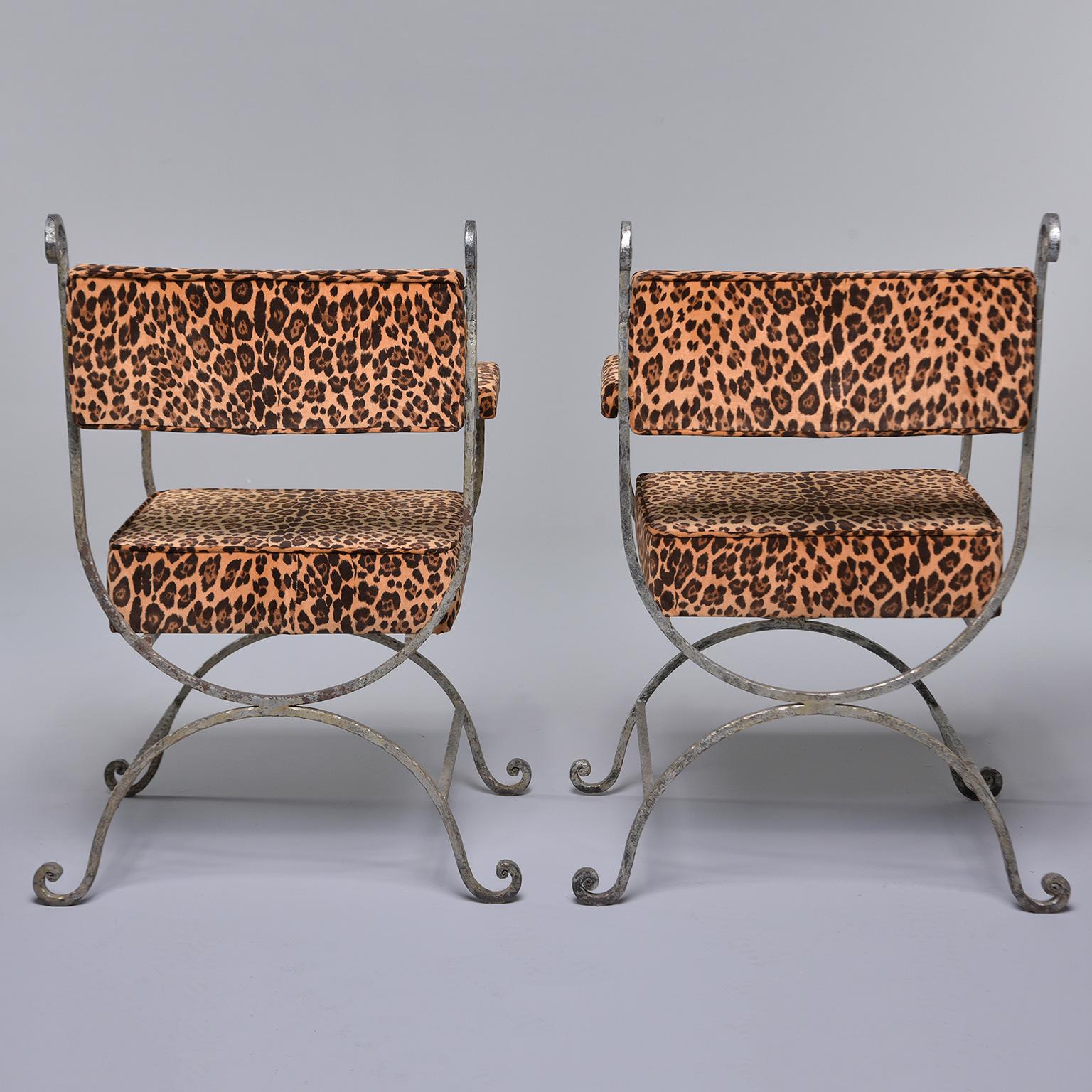20th Century Pair Iron Savonarola Chairs with Leopard Print Upholstery