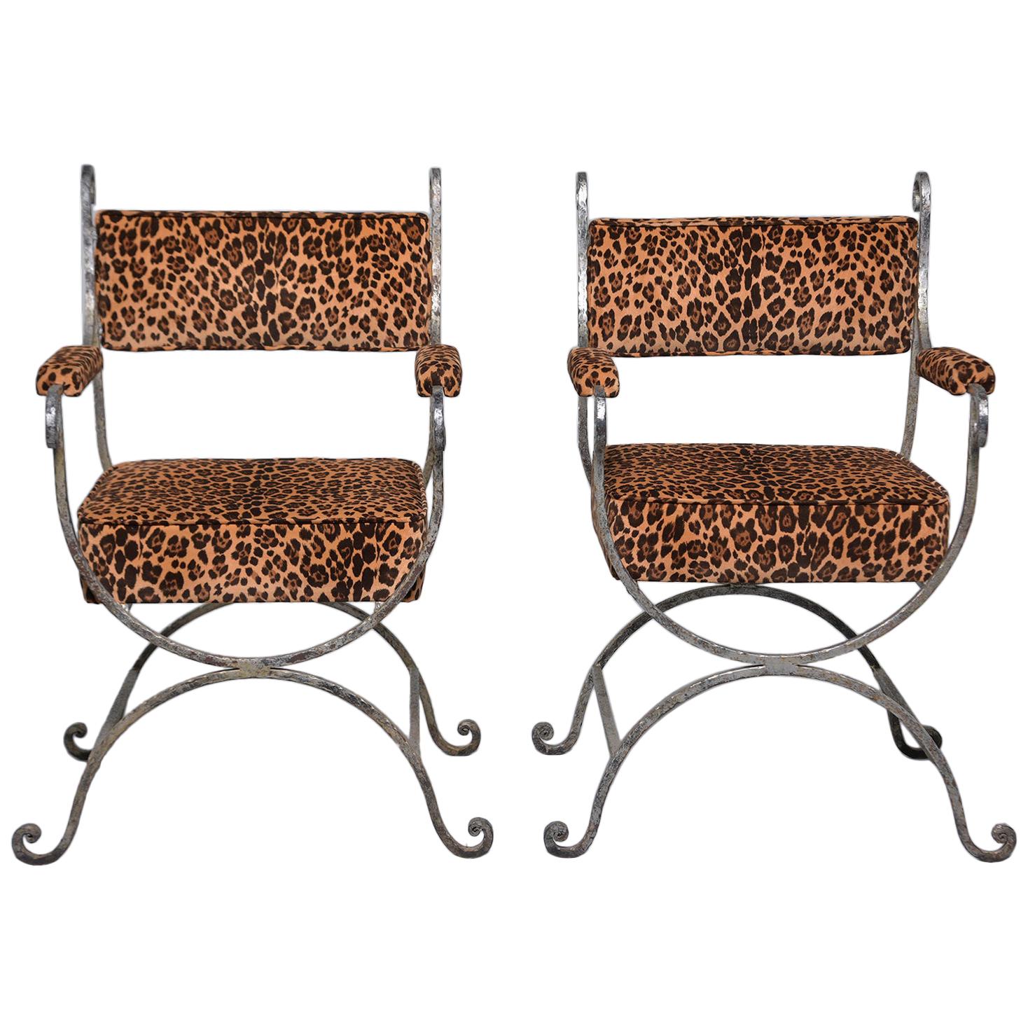 Pair Iron Savonarola Chairs with Leopard Print Upholstery