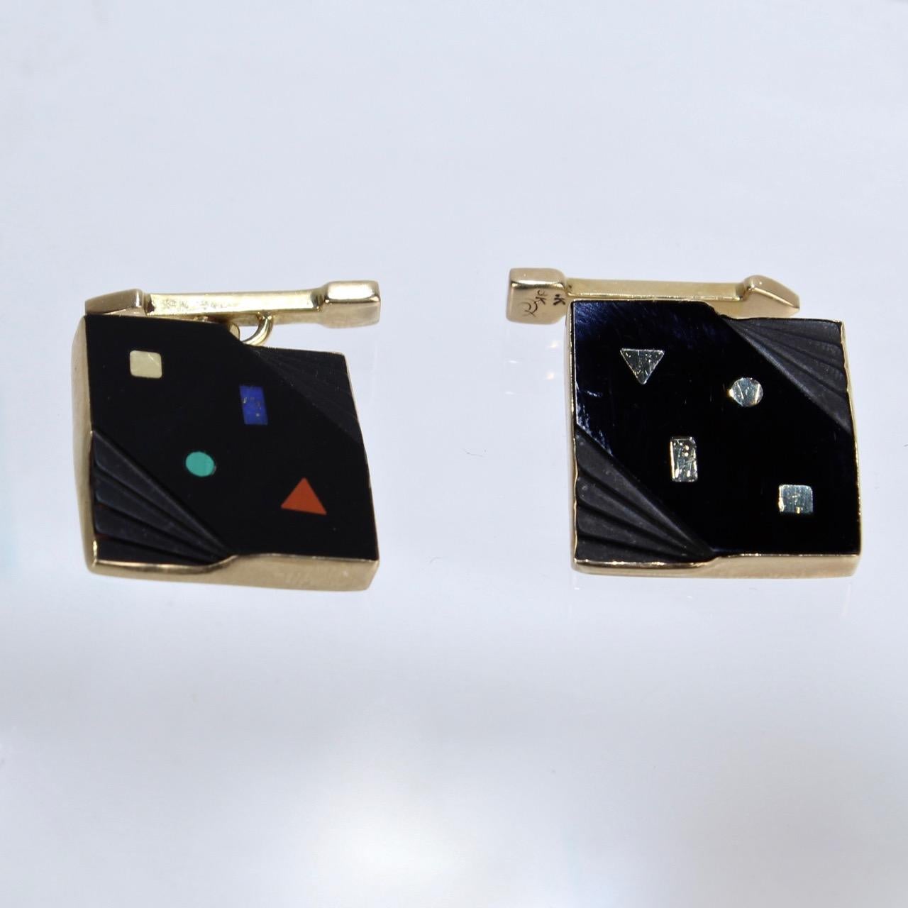 Pair of Isabelle Posillico Geometric Onyx and Gold 1980s Memphis Style Cufflinks In Good Condition In Philadelphia, PA
