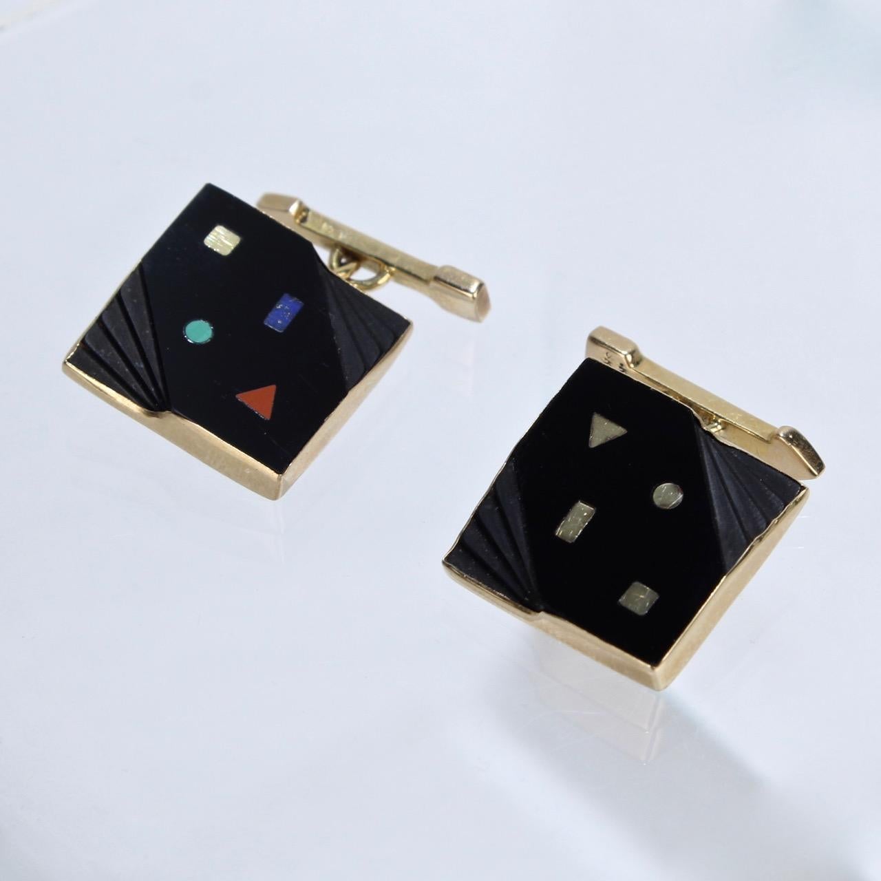 Men's Pair of Isabelle Posillico Geometric Onyx and Gold 1980s Memphis Style Cufflinks