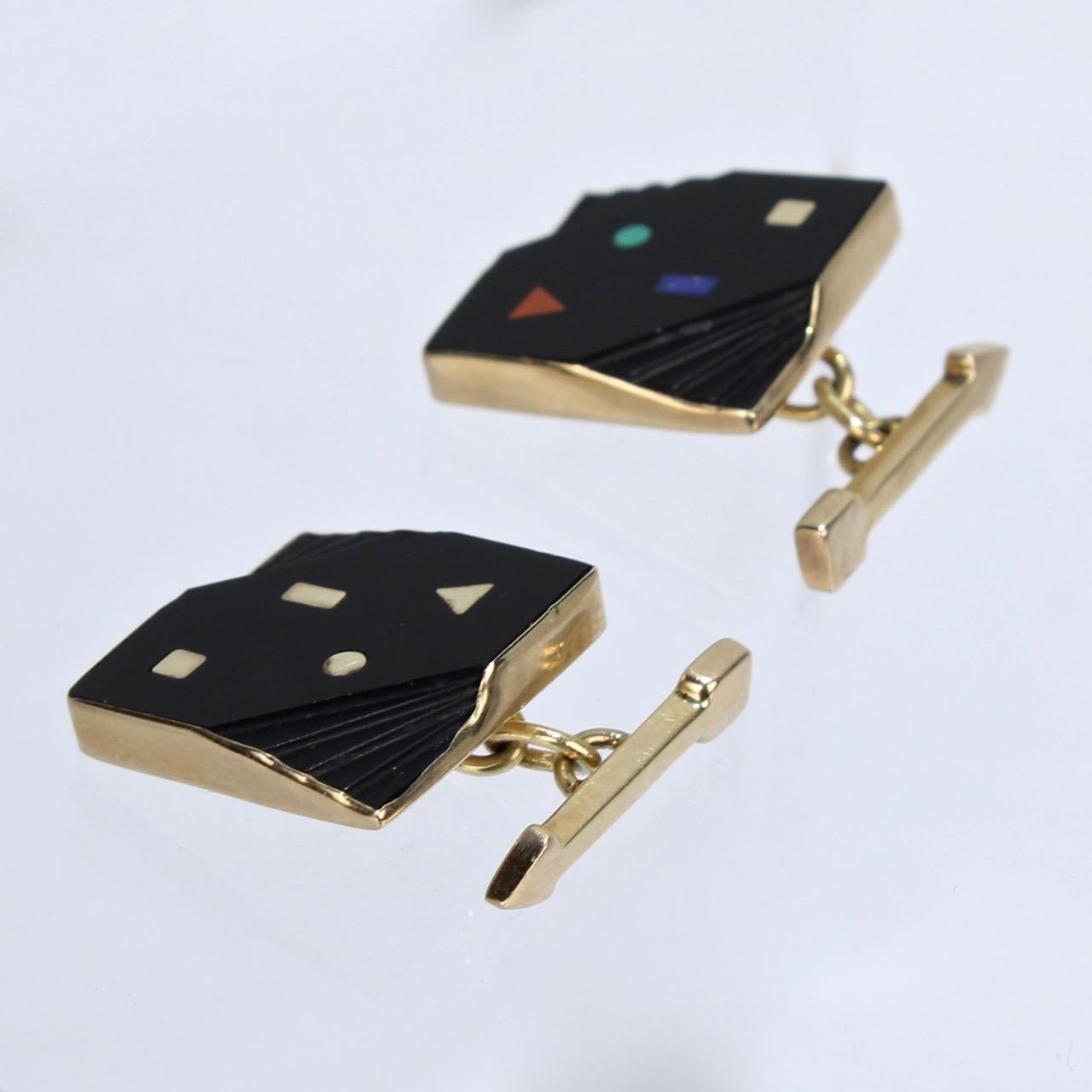 Pair of Isabelle Posillico Geometric Onyx and Gold 1980s Memphis Style Cufflinks 1