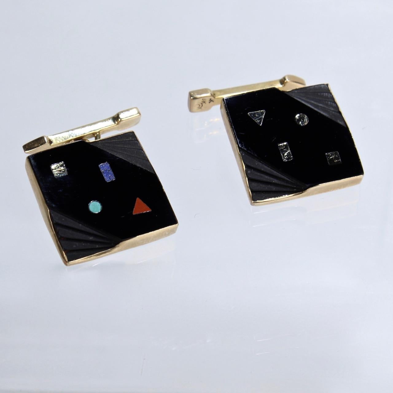 Pair of Isabelle Posillico Geometric Onyx and Gold 1980s Memphis Style Cufflinks 3