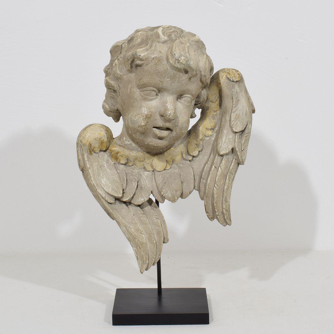 18th Century and Earlier Pair Italian, 17th / 18th Century Carved Wooden Winged Angel Head Ornaments