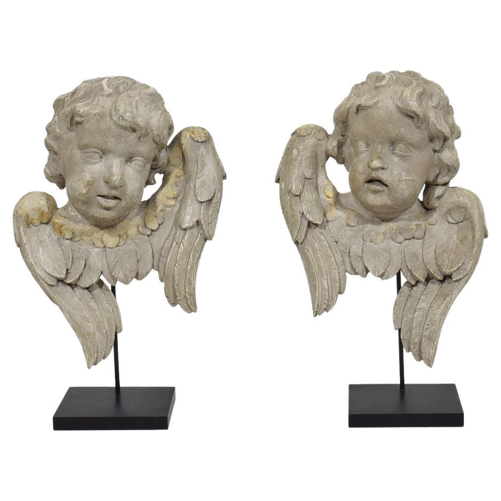 Paire d'ornements italiens en bois sculpté représentant des têtes d'anges ailés, 17ème / 18ème siècle