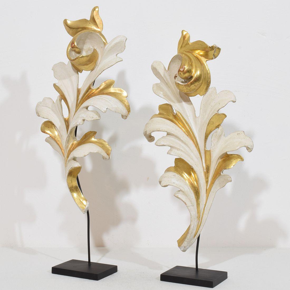 Beautiful handcarved giltwood acanthus leaf curl ornaments that once adorned a chapel .Original period pieces that due their high age have a wonderful weathered look.
Italy circa 1780/1850 , weathered, old repair.
Measurements are individual and
