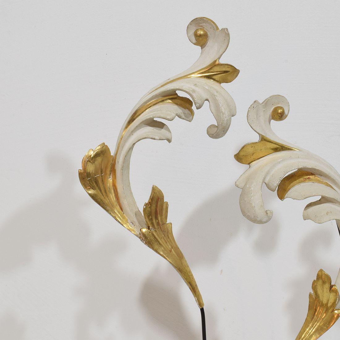 Pareja de adornos italianos de madera de giltwood tallada a mano en forma de hoja de acanto del siglo XVIII/XIX Madera en venta