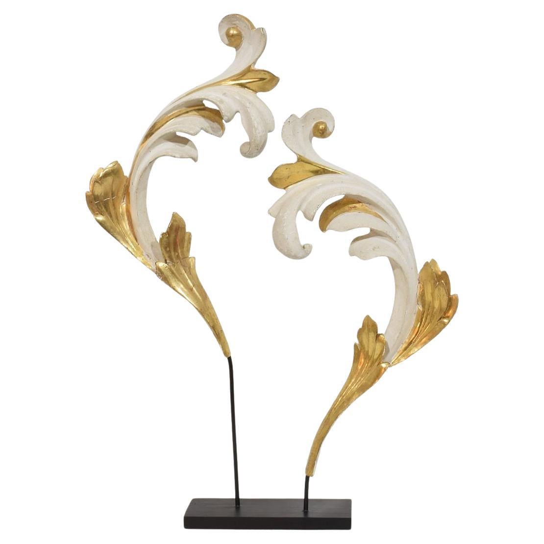 Pair Italian 18/19th Century Hand Carved Giltwood Acanthus Leaf Curl Ornaments
