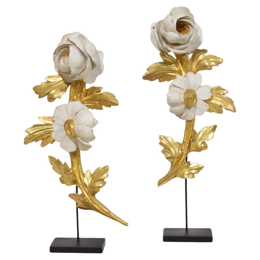 Pair Italian 18/19th Century Hand Carved Giltwood Floral Ornaments For Sale