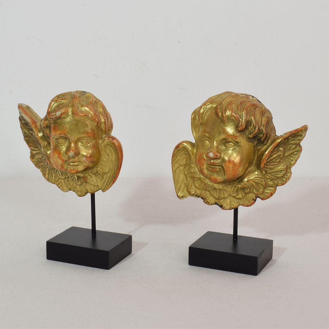 Pair Italian 18th Century Carved Giltwood Baroque Winged Angel Heads In Good Condition In Buisson, FR