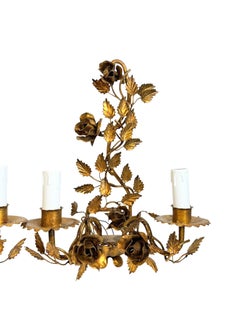 Pair Italian 1950s Gilt Metal Two-Light Wall Sconces Toleware Hollywood Regency