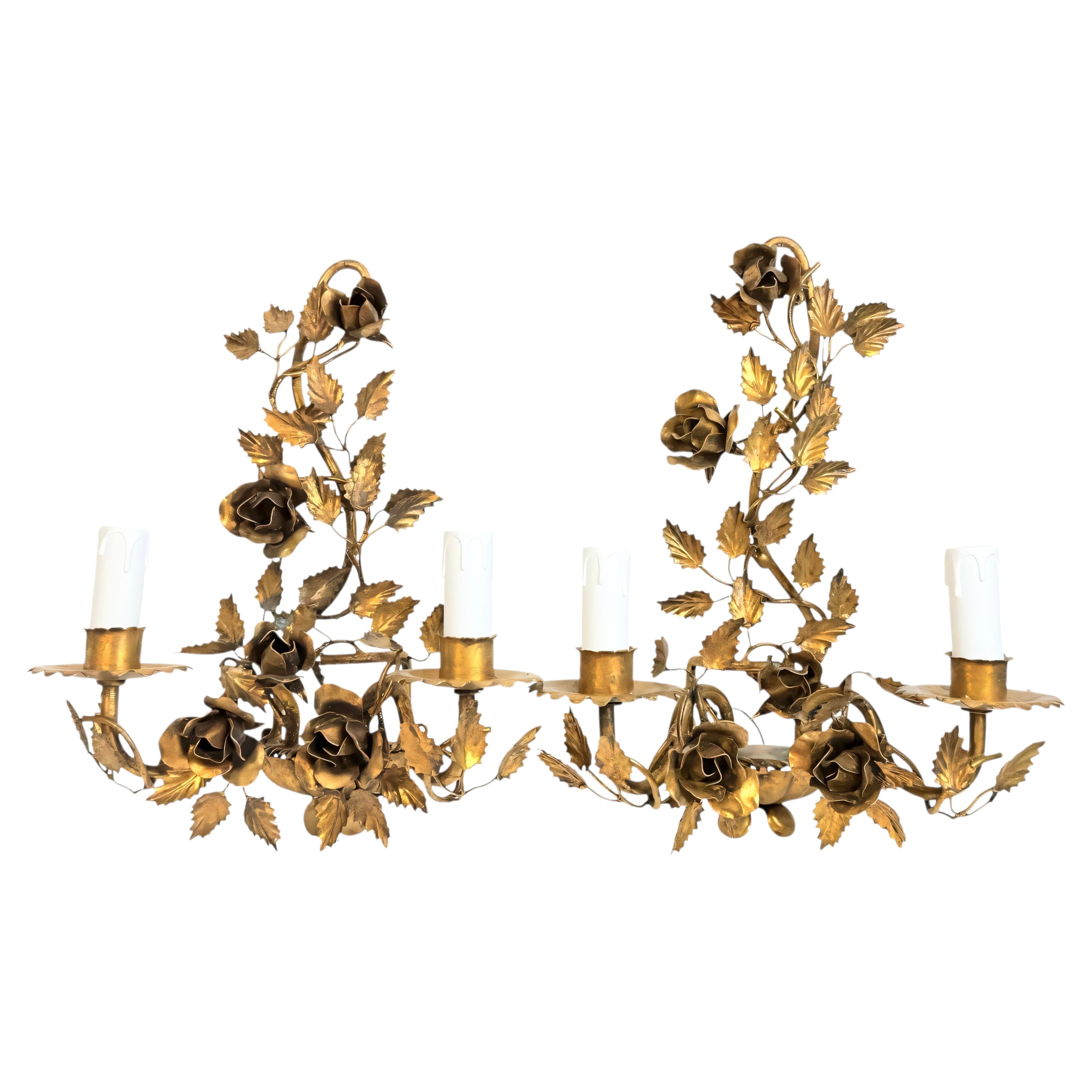 Pair Italian 1950s Gilt Metal Two-Light Wall Sconces Toleware Hollywood Regency