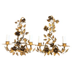 Pair Italian 1950s Gilt Metal Two-Light Wall Sconces Toleware Hollywood Regency