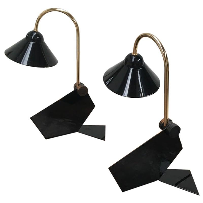 Pair of Italian 1990s Memphis Style Black Metal Bedside Wall or Desk Lamps