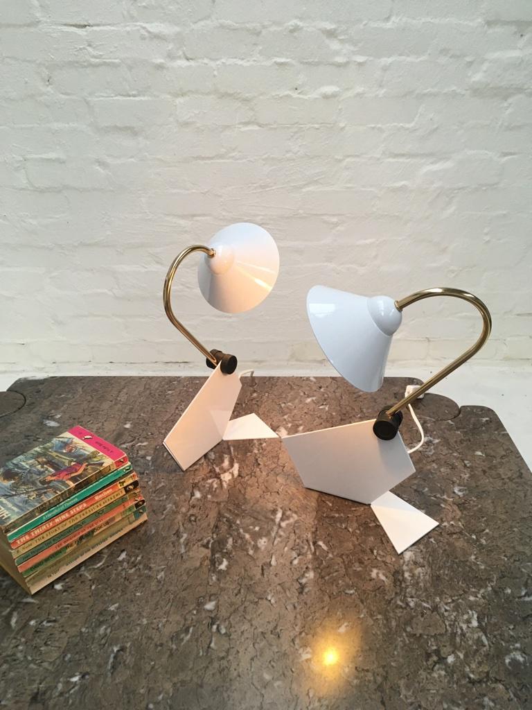 Post-Modern Pair of Italian 1990s Memphis Style Small White Metal Bedside Wall or Desk Lamps