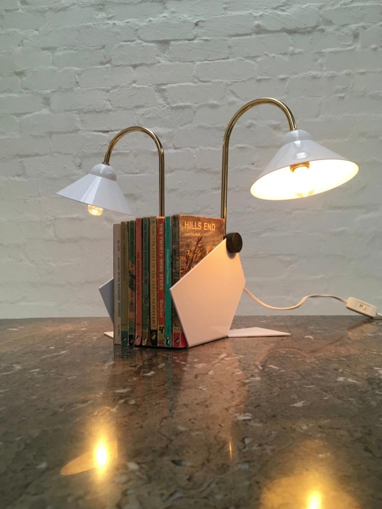 Pair of Italian 1990s Memphis Style Small White Metal Bedside Wall or Desk Lamps In Excellent Condition In Melbourne, AU