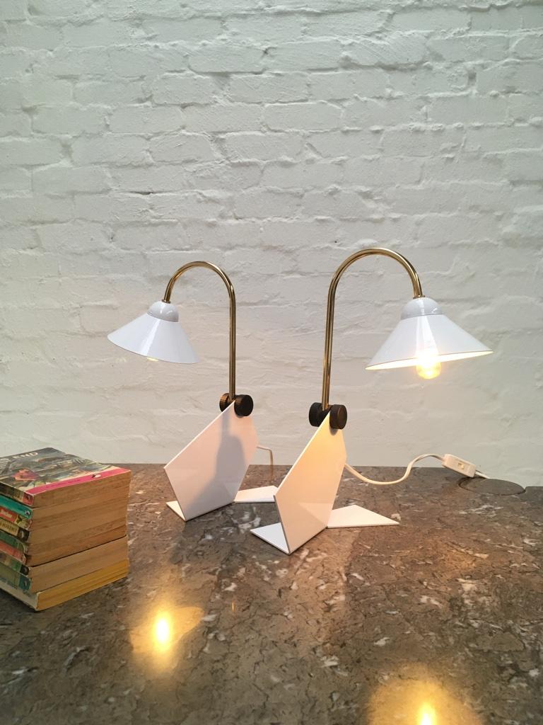 Late 20th Century Pair of Italian 1990s Memphis Style Small White Metal Bedside Wall or Desk Lamps