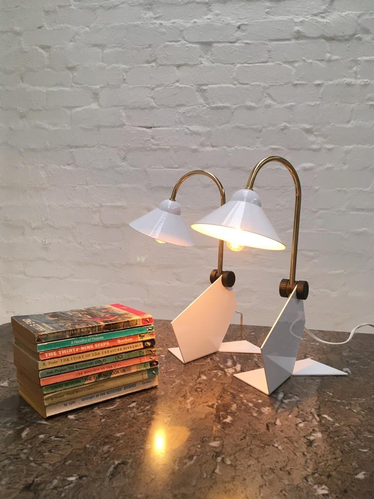 Pair of Italian 1990s Memphis Style Small White Metal Bedside Wall or Desk Lamps 1